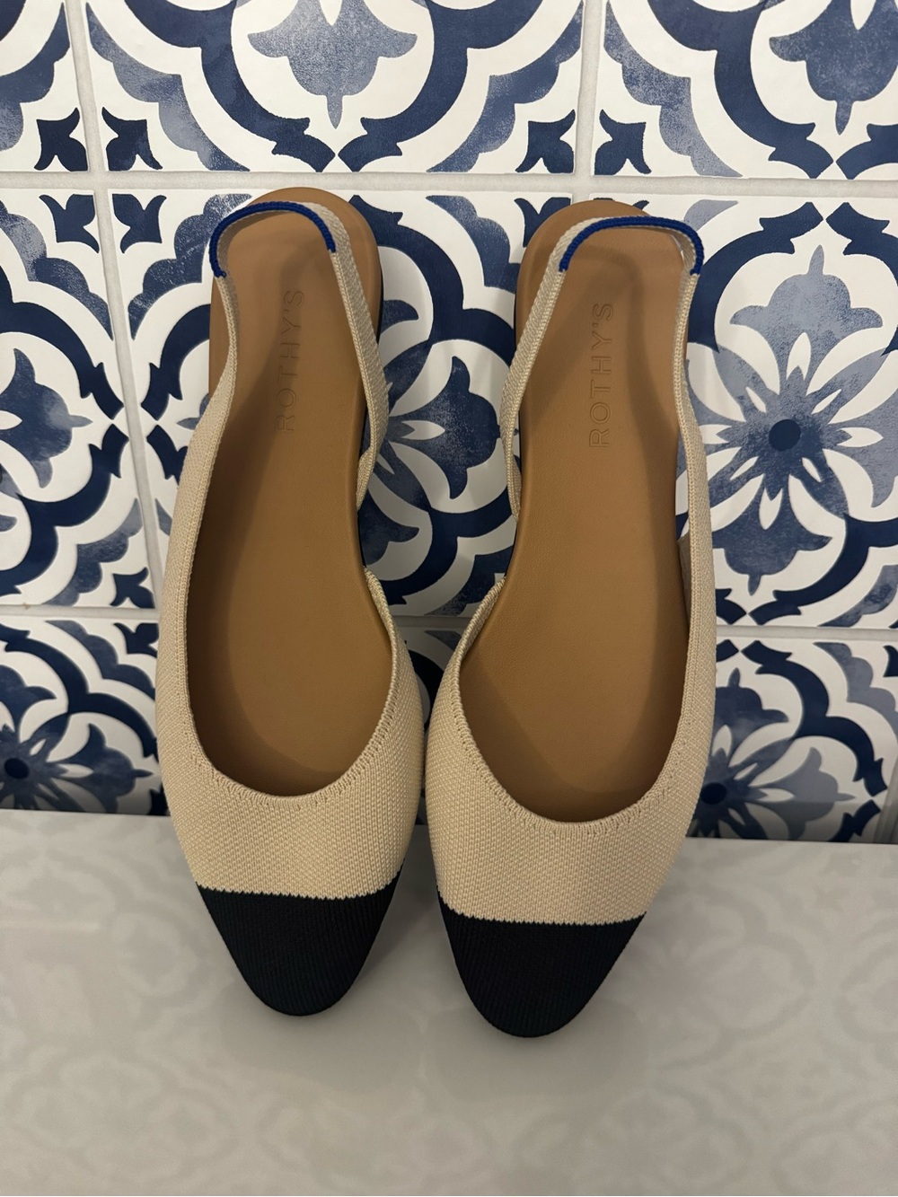 Rothy's Beige and Black Pointed Toe Slingback Flats